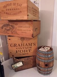 Downstairs:  a dozen wood wine crates and wine accessories