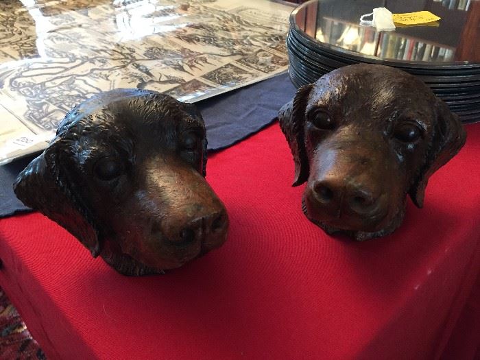 Pair of chalkware labrador dog heads or bookends