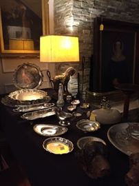 Tang horse lamp, assorted silver plate trays and serving pieces
