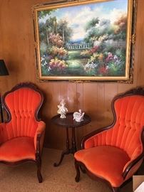 Mr. And Mrs. side chairs in orange velvet. 