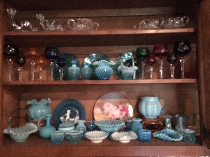 Fenton and Fostoria Glass is a lovely blue color. Also,Bohemian Glass Wine Goblets and Cordials. 