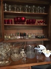 More cut and etched glass along with miniatures and Fostoria Ruby Red Glass. 