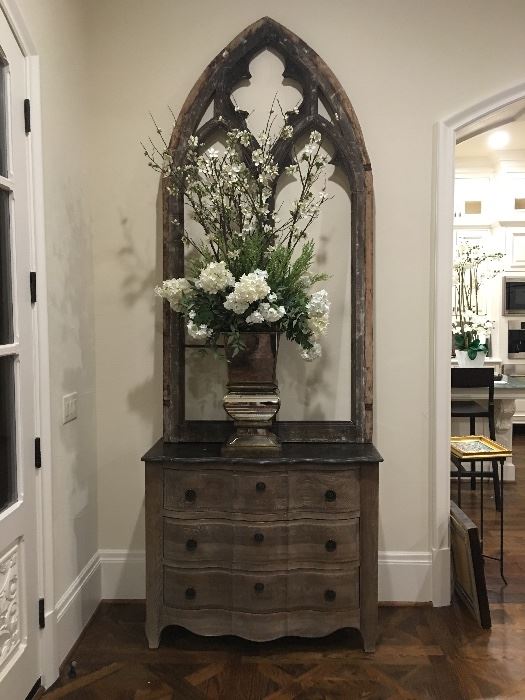 Pair of Chests  and Antique Church Window Frames (Arhaus)  ***Chests and Floral Arrangements are sold. Window Frames are available