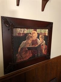 Vintage Wood Frame Picture with sisters reading book