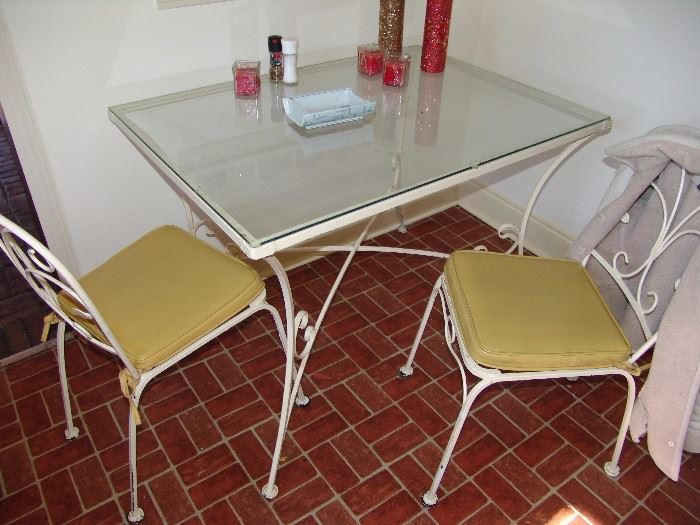 White painted wrought iron glass top breakfast table and 2 chairs