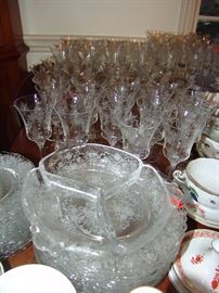 Large collection of Heisey etched stemware dessert plates and serving dishes,  "Crinoline" pattern