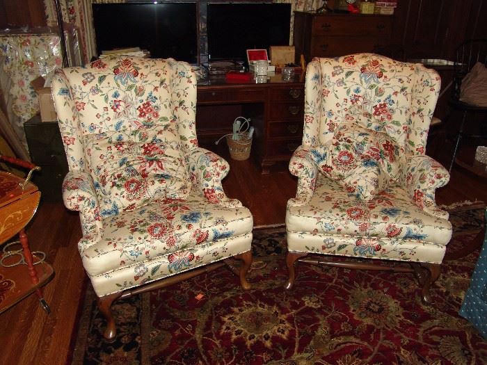 Pair of upholstered wing chairs