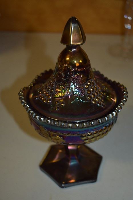 Rare Carnival Glass Lidded Grape & Cable "Sweetmeat" Compote