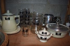  Vintage HALL's CHINA Round Medallion Silhouette Tavern Tea Pot 9 Cup w/Lid and Sugar Bowl w/lid ***, in addition, a Vintage Hall's Silhouette Casserole Dish ( lid does not belong with Dish ). !!!PLUS!!! Hall China / Federal Glass Silhouette Pitcher & Glasses and a Beautiful Covered Porcelain Vegetable Dish and other collectible pieces.