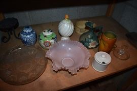 Antique Cut Glass Fancy Egg Plate, Fluted Edge Cash Glass Bowl, small Ginger Jars, 2 very old Roseville Vases, etc.