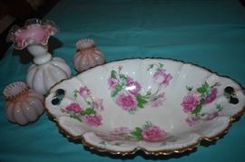 Beautiful Antique Case Glass Vases and Double Handled Hand Painted Porcelain Vegetable Dish signed M. Z. Austria 