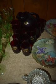 Antique "Royal Ruby Anchor Glass" Pitcher and Glasses ( Lancaster, Ohio ) nearly all with original tags