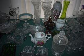 Notice the Rare Carnival Glass Compote among the Beautiful Cut Glass, Depression Glass, Porcelain and more!