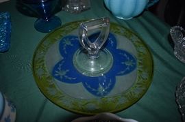 Antique Depression Glass Center Handle Sandwich/Tidbit plate or serving platter 11 1/2" with Brilliant Colors