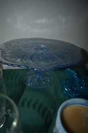 Antique Blue Sandwich Glass Pedestal Cake Plate