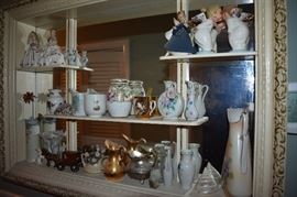 Vintage Figurines and Framed Mirrored Wall Display Unit