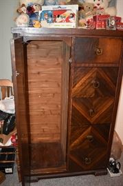 Waterfall Style Antique Cedar Lined Wardrobe and 5 Drawer Chest 