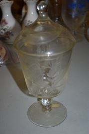 Vintage Glass Covered Compote, Hand Etched made in Japan for National Potteries Co., Cleveland, Ohio