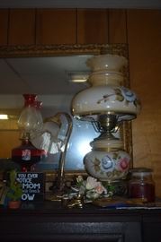 Beautiful Large Vintage Hand Painted Lamp, plus Brass Desk Lamp and Oil Lamp, etc.