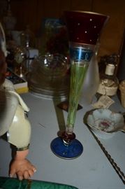 Beautiful Art Glass Vase in Blue, Gold and Red