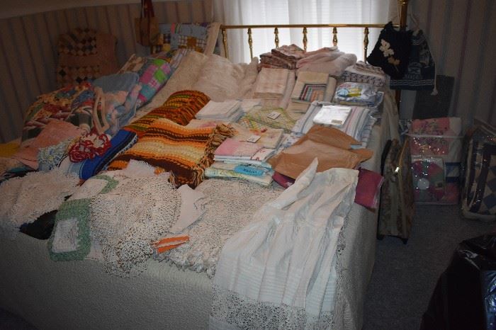 Just some of the many Antique Quilts, Linens, Crochet Items Galore in this Estate!