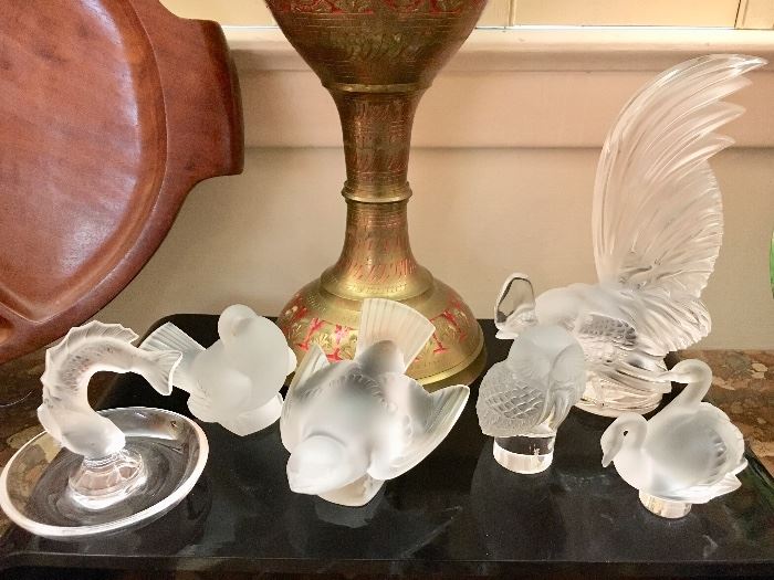 Six pieces of Lalique Glass, including a large rooster.