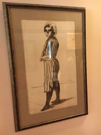 Noel Rockmore (1928-1995) ink and watercolor on paper “French Quarter Girl” dated 1960, matted and framed