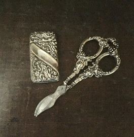 Antique pewter scissors and lighter case