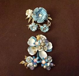 Vintage blue enamel brooch and earring sets 