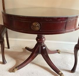 Zangerle mahogany leather top drum table with protective glass top