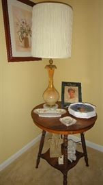 Luster finish lamp, oak table, Princess Diana Collectors plate and photo
