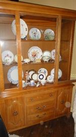 Hard Maple China Cabinet, vintage plates