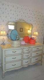 French Provincial Dresser, Matching full size headboard, nightstands, desk, chairs, & lamp.