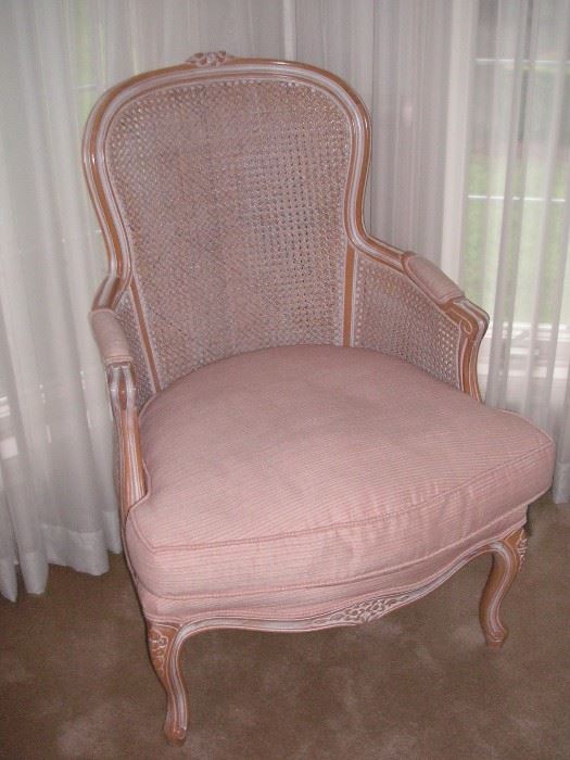 French style Bergere chairs with wicker back/sides and down seat cushion.  There are 2 of these.