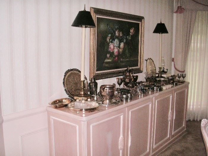Buffet w/ silver plate serving pieces