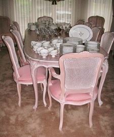 Large French style dining table + 10 bergere style dining chairs