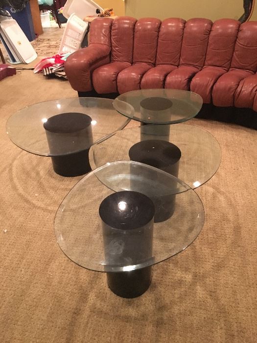 Set of 4 Amoeba shaped glass top coffee tables 