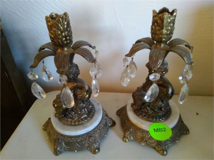 Vintage LL WMC Brass Crystal Candle Holders