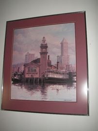 Listed artist: Carl Funseth, NW artist, waterfront with Smith Tower, print
