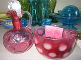 Cranberry thumbprint Cruet, Fenton LG Wright optic bowl