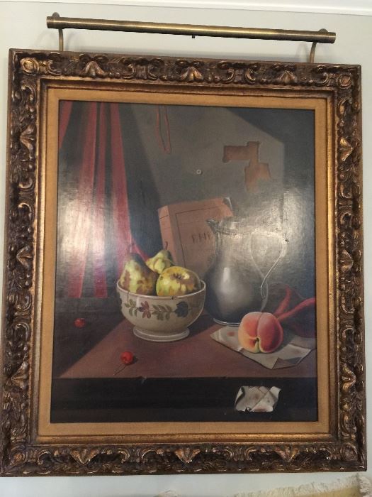 1. Oil Painting by P. Cesarini of Still Life w/ Pears & Pewter Pitcher in Gilt Frame (27" x 31")