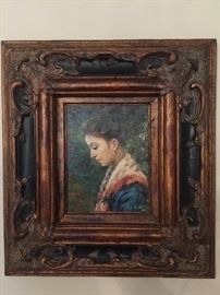 3. Oil Portrait of Girl by LaTour w/ Ornate Frame in Black & Bronze (19" x 21")