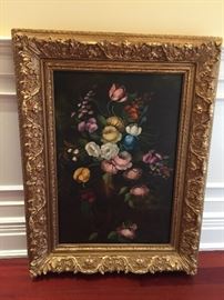 4. Oil Painting by L. Ruggera of Still Life Flowers w/ Ornate Gold Frame (32" x 42")