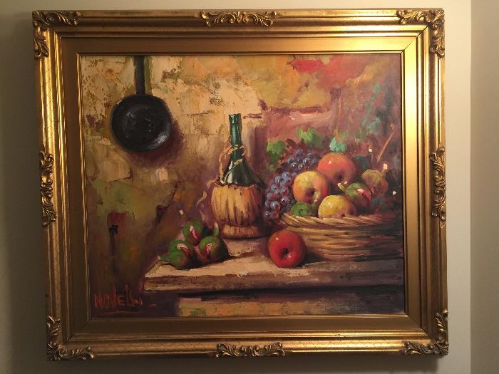 5. Oil Painting by Novelli of Still Life of Wine Bottle & Fruit Basket in Gold Frame (30" x 26")