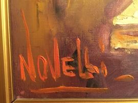 5. Oil Painting by Novelli of Still Life of Wine Bottle & Fruit Basket in Gold Frame (30" x 26")