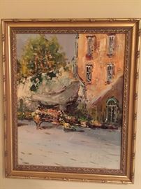 6. Oil Painting by W. Saizza of Open Air Market in Gold Frame (22" x 27")