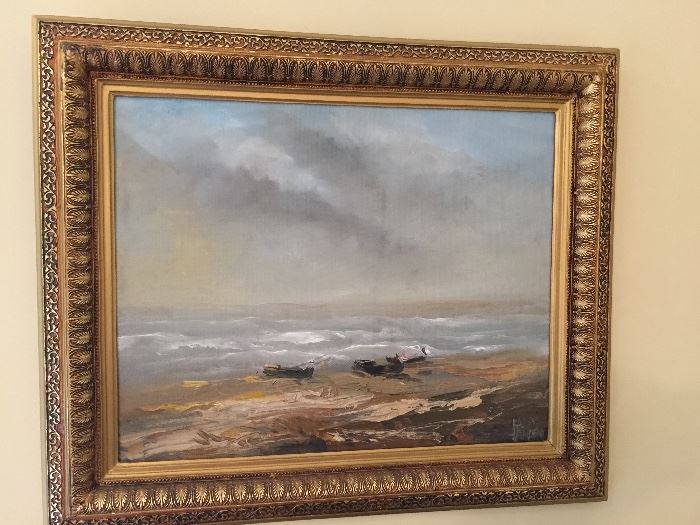 10. Oil Painting by Ralesian '90 of Seaside Scene in Gold Frame (25" x 21")