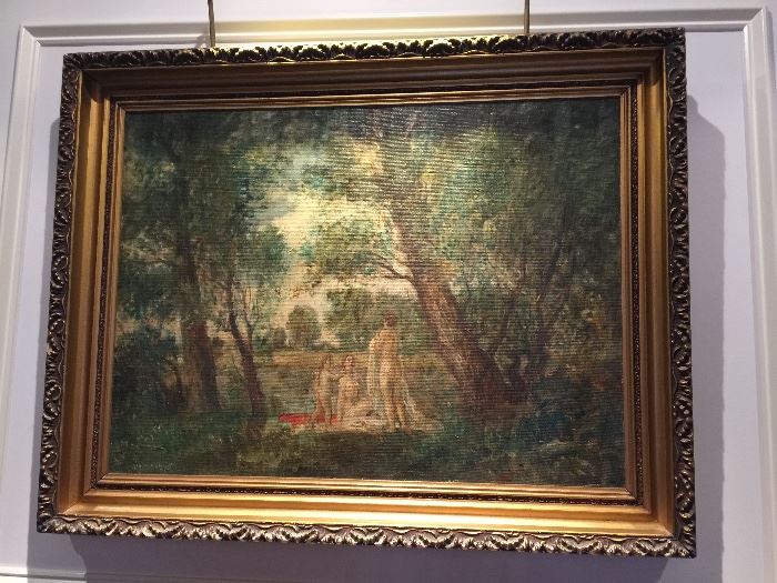 11. Signed Oil Painting of Three Nude Figures in Outdoor Landscape 