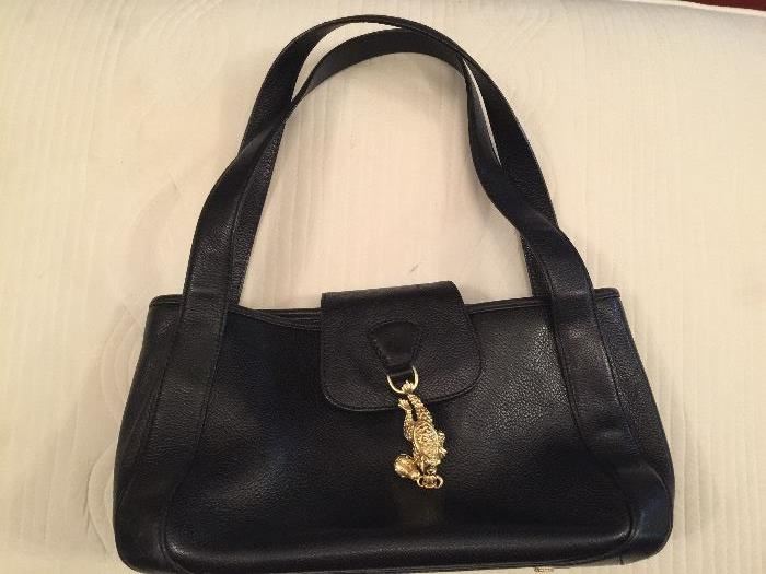 40. Barry Kieselstein-Cord Black Pebbled Leather Handbag w/ Gold Frog & Ladybug Clasp