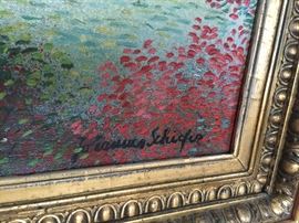 13. Pointillism Outdoor Scene Painting by Johanna Schigler in Gold Frame (22" x 26")